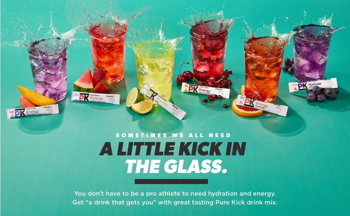 Pure Kick Energy Singles To Go Drink Mix, Variety Pack: Blood Orange, Mango Acai, Black Cherry Pomegranate - 36 Servings