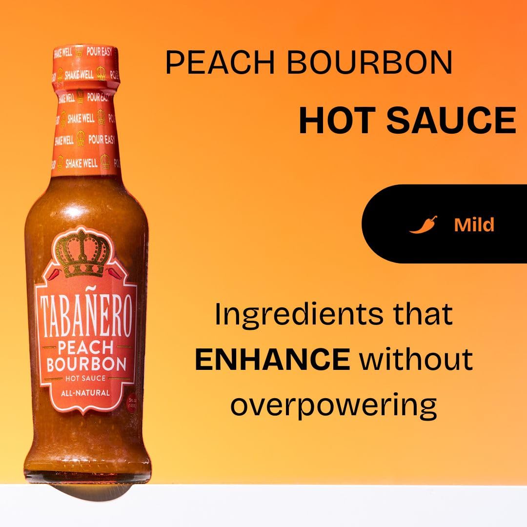 Tabañero Peach Bourbon Hot Sauce, Made in the USA, Small Glass Bottle, 5 oz