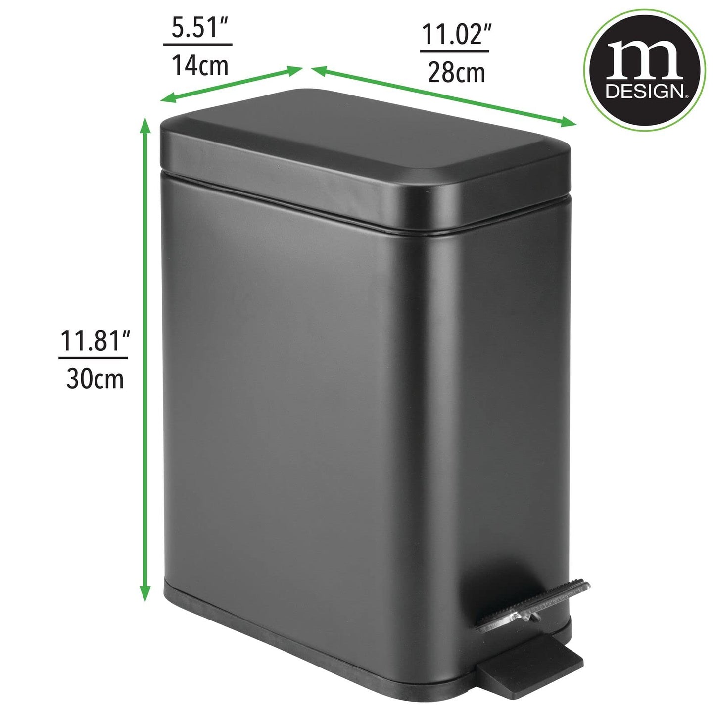 mDesign Metal Freestanding Slim Toilet Bowl Brush and Holder + Rectangle Narrow 5 Liter / 1.3 Gallon Step Pedal Trash Can Wastebasket for Bathroom