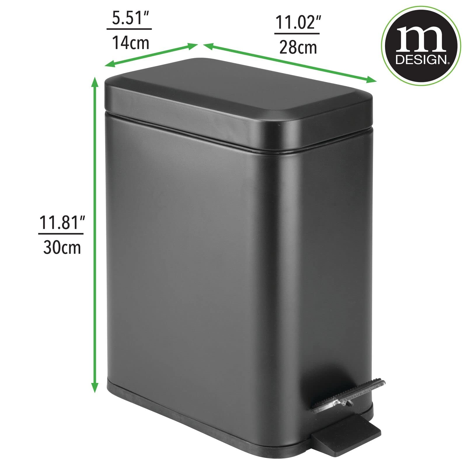 mDesign Metal Freestanding Slim Toilet Bowl Brush and Holder + Rectangle Narrow 5 Liter / 1.3 Gallon Step Pedal Trash Can Wastebasket for Bathroom