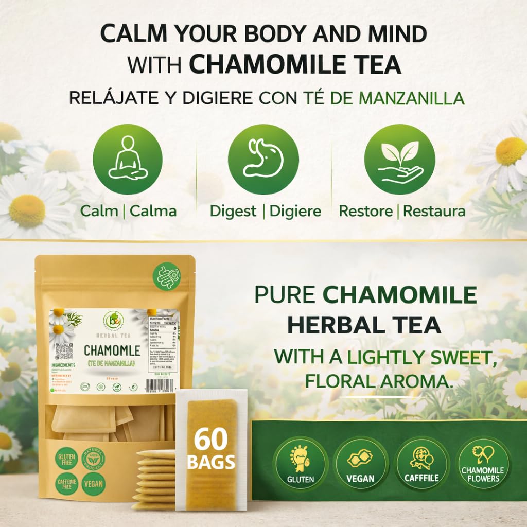 Manzanilla Té (Chamomile Tea) - 60 Premium Tea Bags - 100% Natural Herbal Infusion (Matricaria chamomilla) - Soothing Nightly Ritual - Caffeine-Free