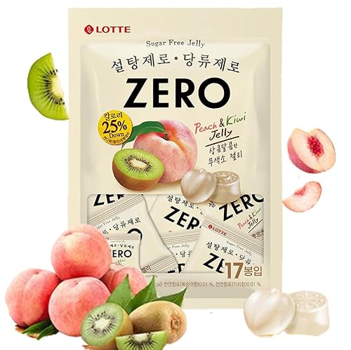 LOTTE ZERO Sugar Free Mixed Fruity Gummy Candy, Peach & Kiwi Flavored Jelly Drops, Sour and Sweet, Soft Chewy Crystal Fudge, 0 Fat/0 Cal, Light Taste