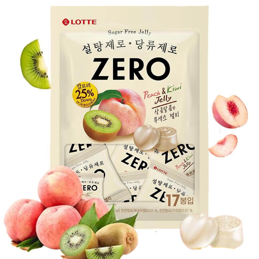 LOTTE ZERO Sugar Free Mixed Fruity Gummy Candy, Peach & Kiwi Flavored Jelly Drops, Sour and Sweet, Soft Chewy Crystal Fudge, 0 Fat/0 Cal, Light Taste