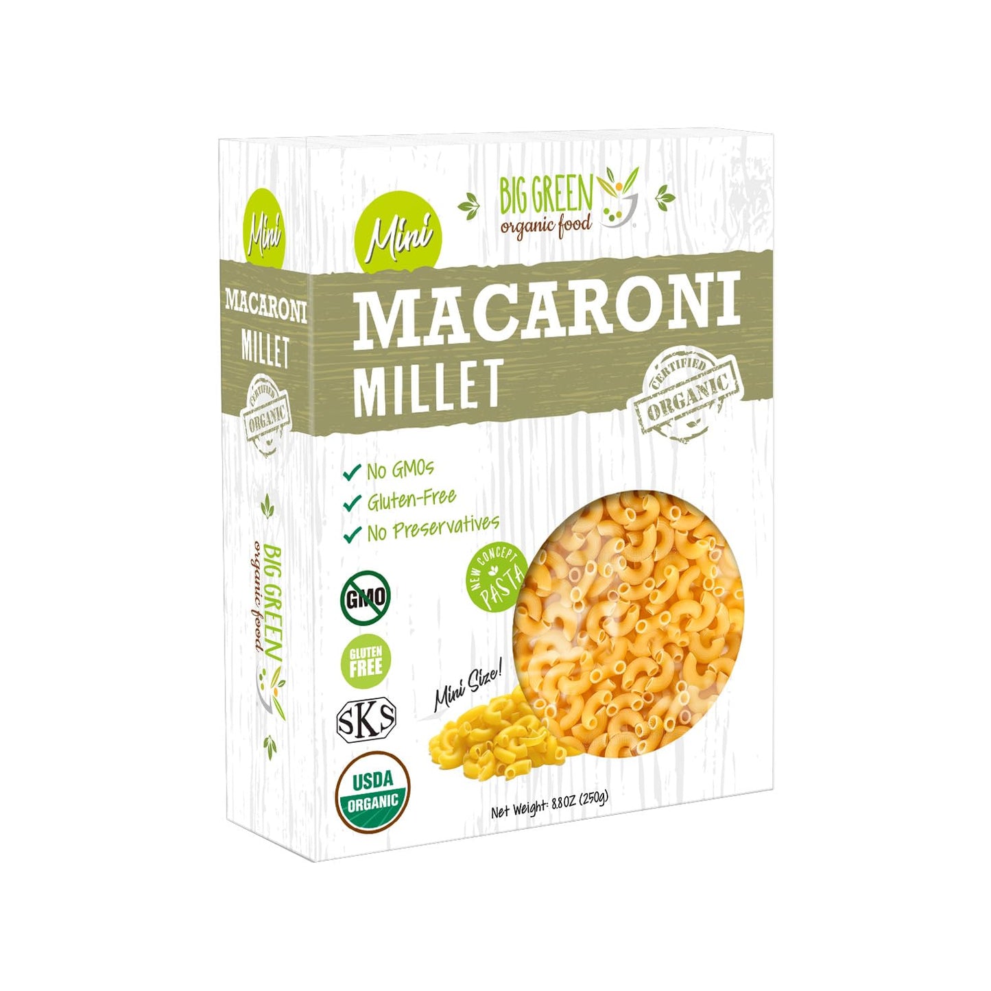 Big Green Organic Food - Organic Mini Millet Macaroni Pasta, Gluten-Free, Non-GMO, Vegan, Plant-Based, Kids' Favorite, 8.8 oz (1 Box)