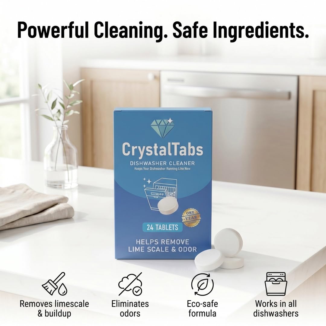 CrystalTabs Dishwasher Cleaner Tablets - Deep Clean Descaler - Fragrance-Free - Removes Lime Scale, Hard Water & Odor - 24 Count Year Supply