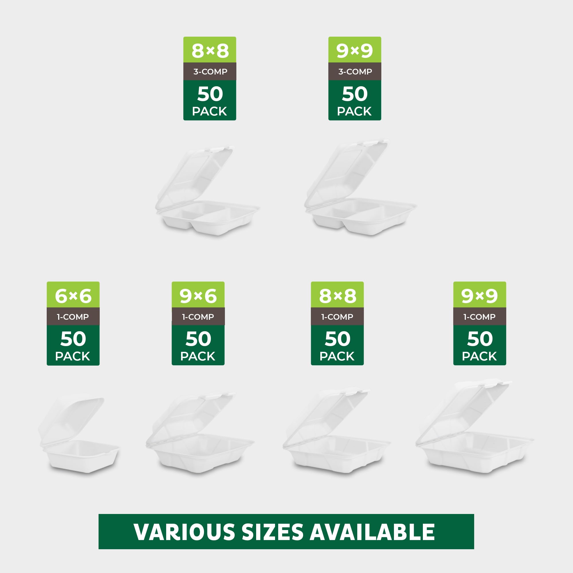 Freshware Clamshell Food Containers with Lids [8x8"] 3-Compartment 100-Pack, Disposable To Go Containers, Biodegradable Sugarcane To Go Boxes - Paper
