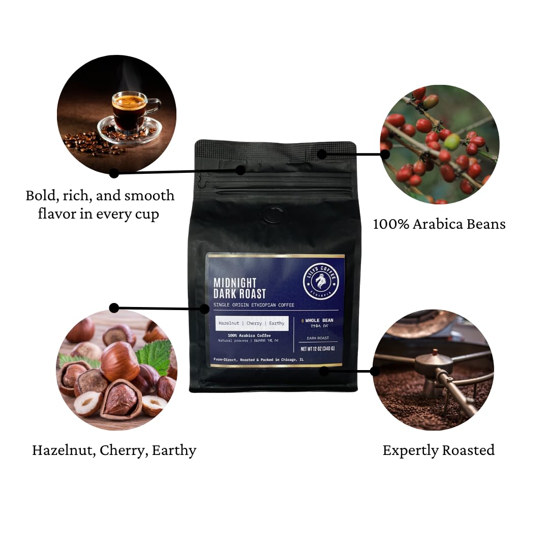 Lily’s Coffee, Ethiopian Specialty Coffee, Whole Bean, Single-Origin, 100% Arabica Beans, 12oz Bag (Midnight Dark Roast)