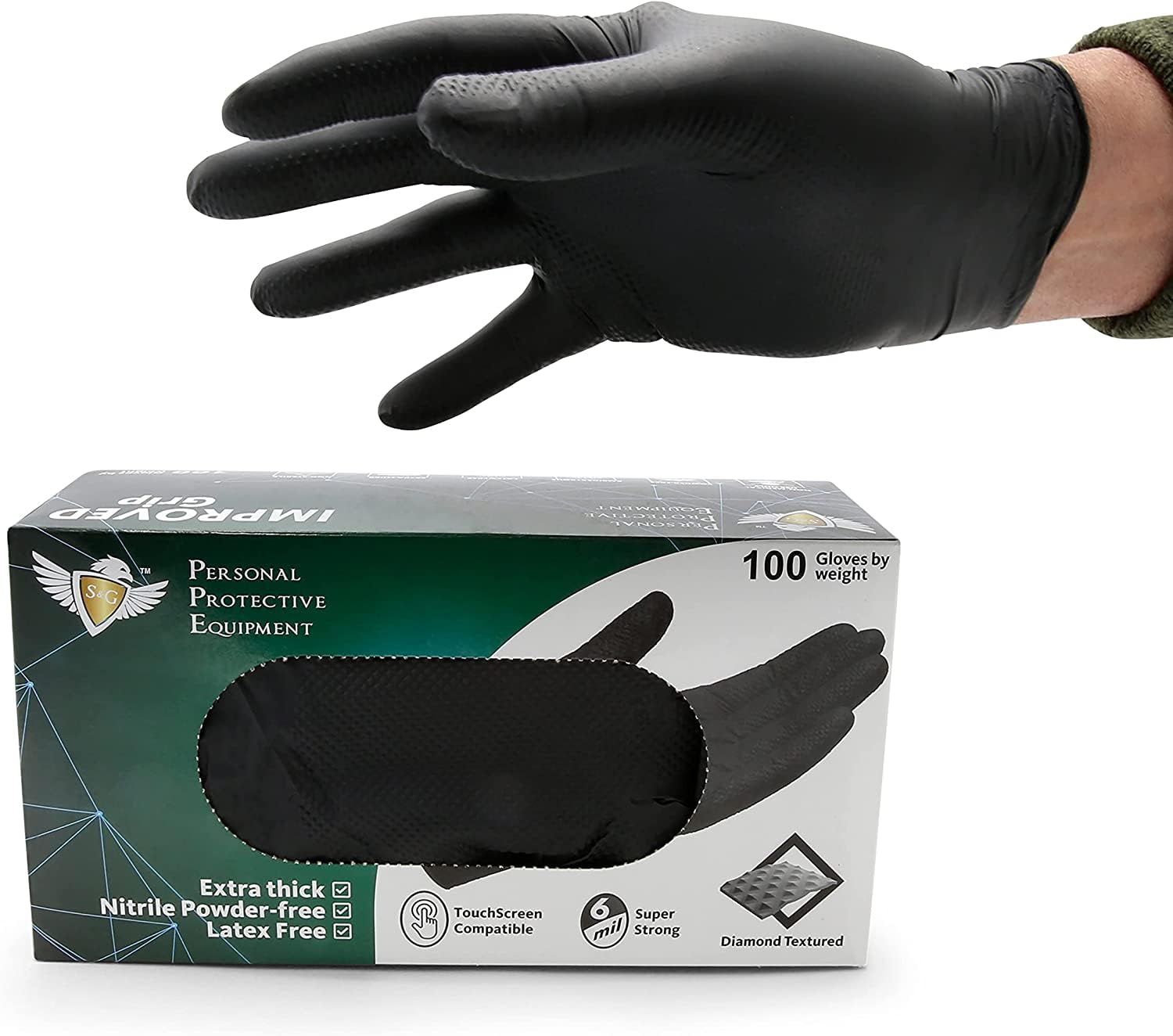 S&G Black Nitrile Gloves | 100 Pcs | Large | 6 Mil Heavy-Duty Latex & Powder Free - For Cleaning, Construction, Mechanic, Food Prep