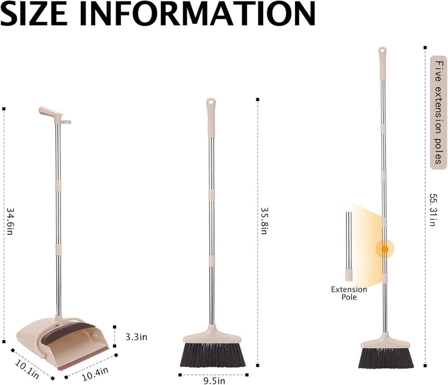 XXFLOWER Broom and Dustpan Set with Long Handle, Light Weight Stainless Steel Poles Stand Upright Dustpans with Broom Combo for Home Kitchen Office