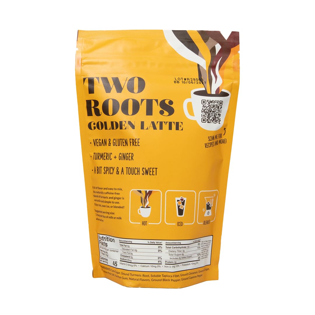 Two Leaves and a Bud Two Roots Golden Latte (36 Servings), Powdered Turmeric Ginger Herbal Tea Latte, Vegan, Dairy Free, Low Sugar, Iced or Hot Lattes