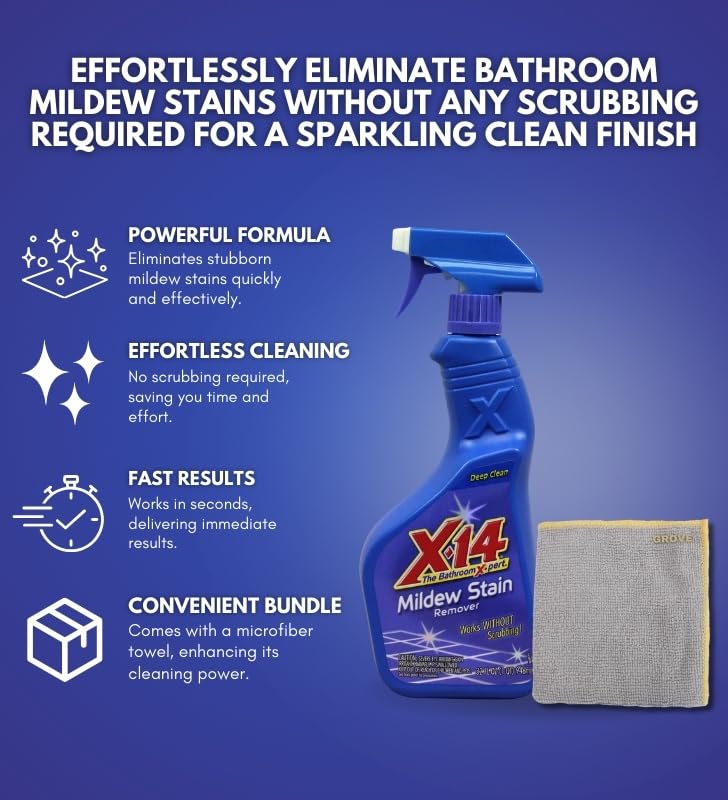 Malco X-14 Mildew Stain Remover Spray 1 qt Bundle with Microfiber Cloth - Fast-Acting Mold and Mildew Cleaner for Grout, Tile, Vinyl, Plastic, Boats