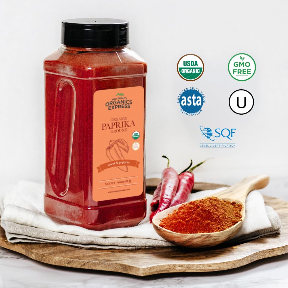 HQOExpress Organic Paprika - Non GMO, Kosher, USDA Certified Organic Ground Paprika Powder - Sweet and Mildly Spicy Seasoning for Soups, Chilis