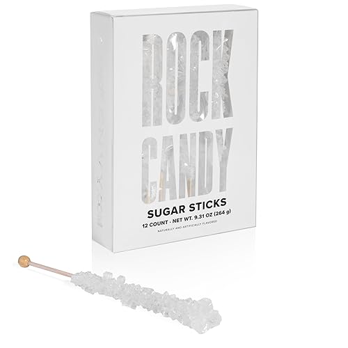 White Rock Candy Sugar Sticks - Original Sugar Flavored - 12 Individually Wrapped White Candy Party Favors