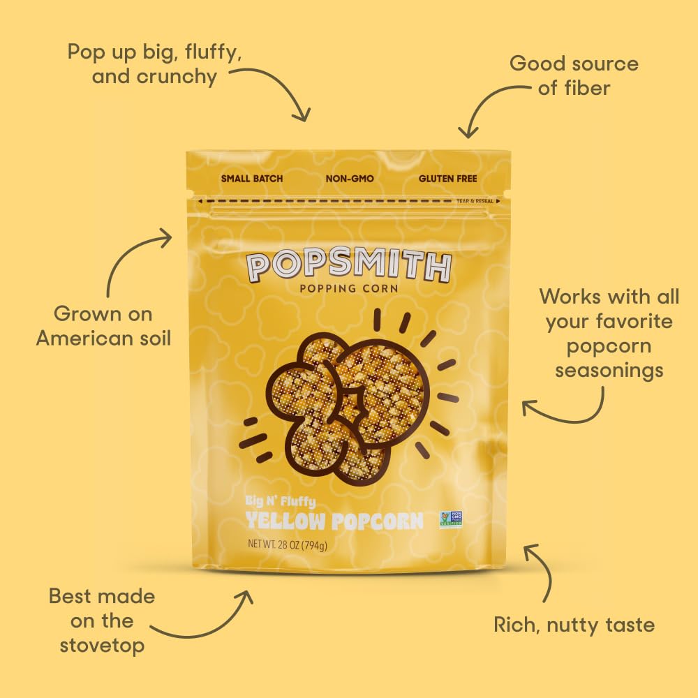 Popsmith - 28oz Pouch Yellow Popcorn Kernels for Popping - Grown in USA, Non-GMO, Vegan, and All-Natural - Unpopped Popcorn Kernels for Stovetop