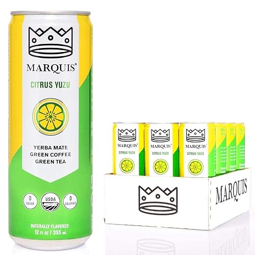 Organic Green Tea + Yerba Mate Drink by Marquis |Antioxidant Infused Sparkling Beverage | Zero Sugars, Zero Calories | Citrus Yuzu Flavor Super Tea |