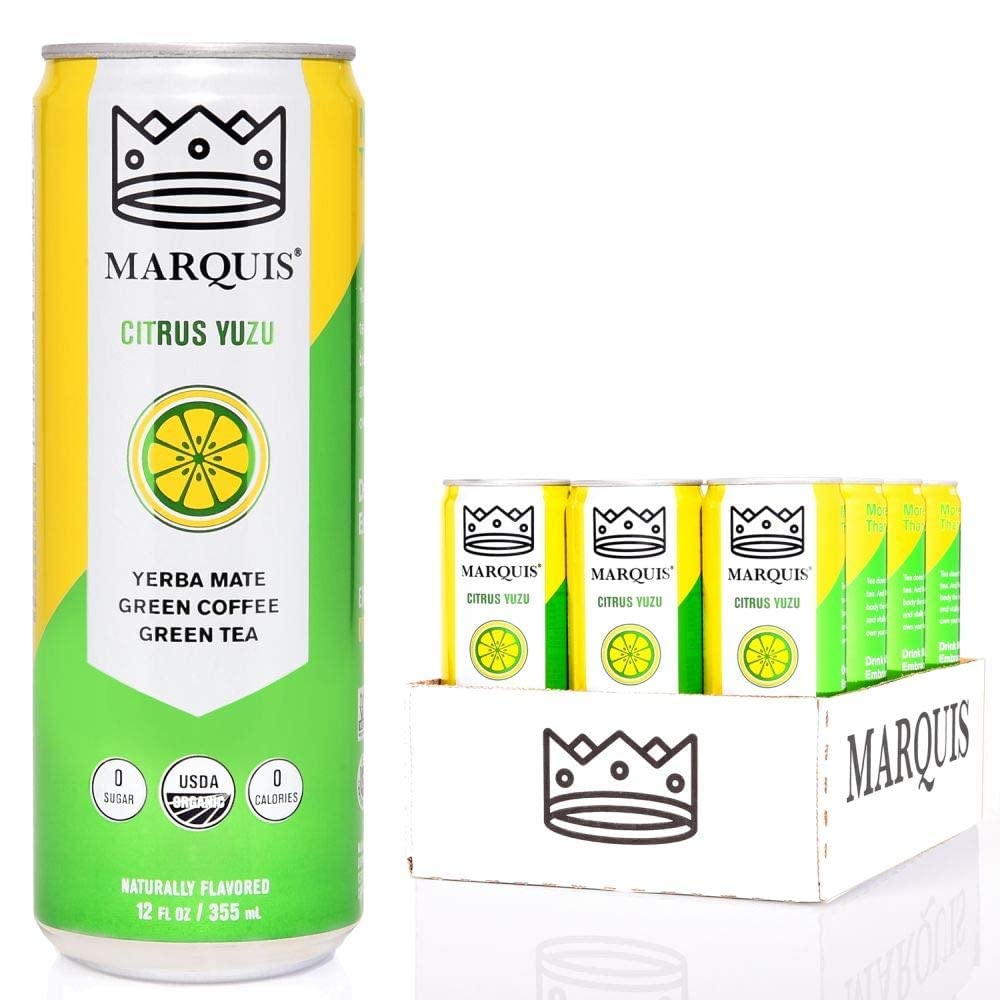 Organic Green Tea + Yerba Mate Drink by Marquis |Antioxidant Infused Sparkling Beverage | Zero Sugars, Zero Calories | Citrus Yuzu Flavor Super Tea |
