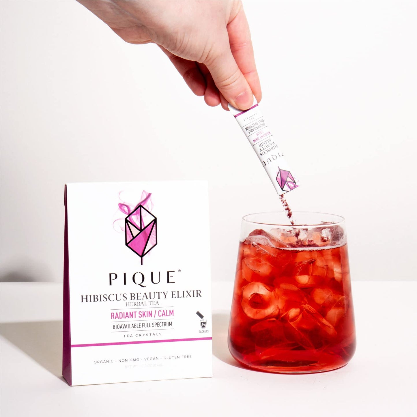 Pique Organic Hibiscus Tea Crystals - Powerful Antioxidants and Caffeine-Free Herbal Tea, Real Egyptian Flower for Glowing Skin - 14 Single Serve