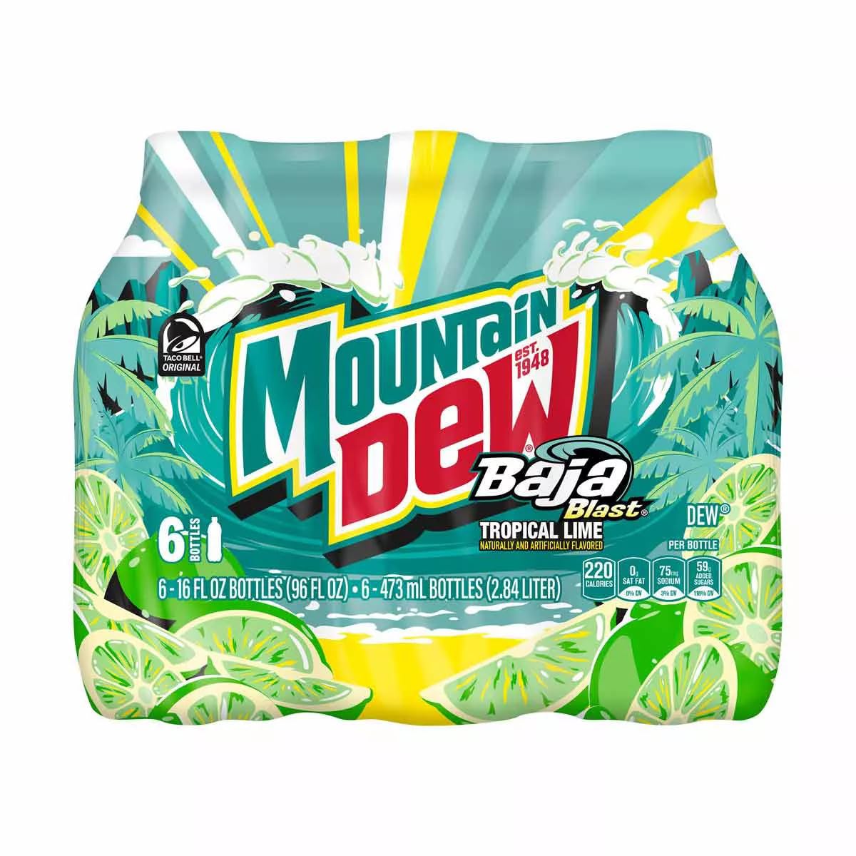 Mountain Dew Baja Blast Flavored Soda Drink, Tropical Lime (Pack of 6-16 Oz Bottles)