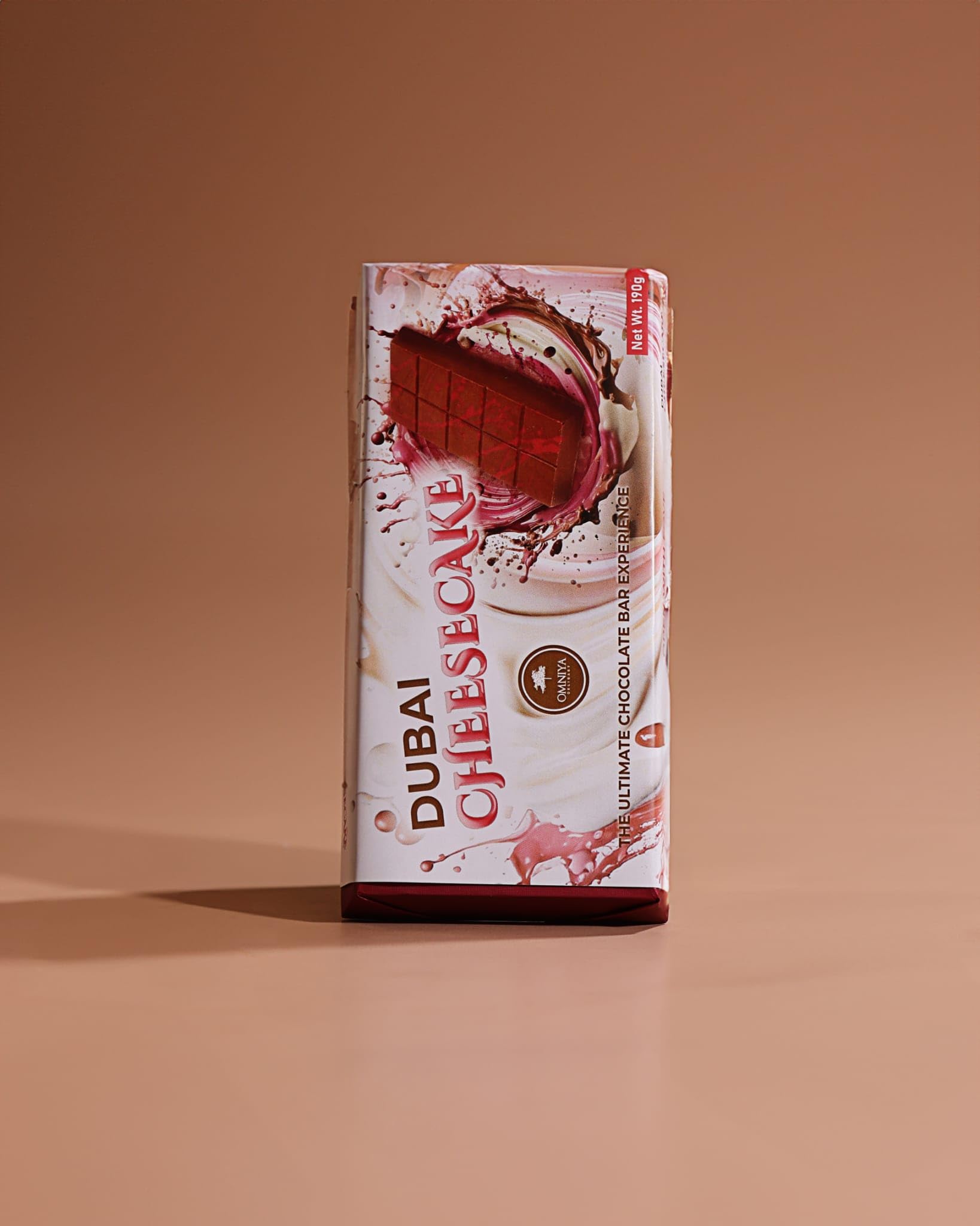 OMNIYA Delicacy Dubai Chocolate Bar Strawberry Cheesecake Kunafa (190g) - Strawberry Cheesecake Cream Layer and Belgian Milk Chocolate - Middle