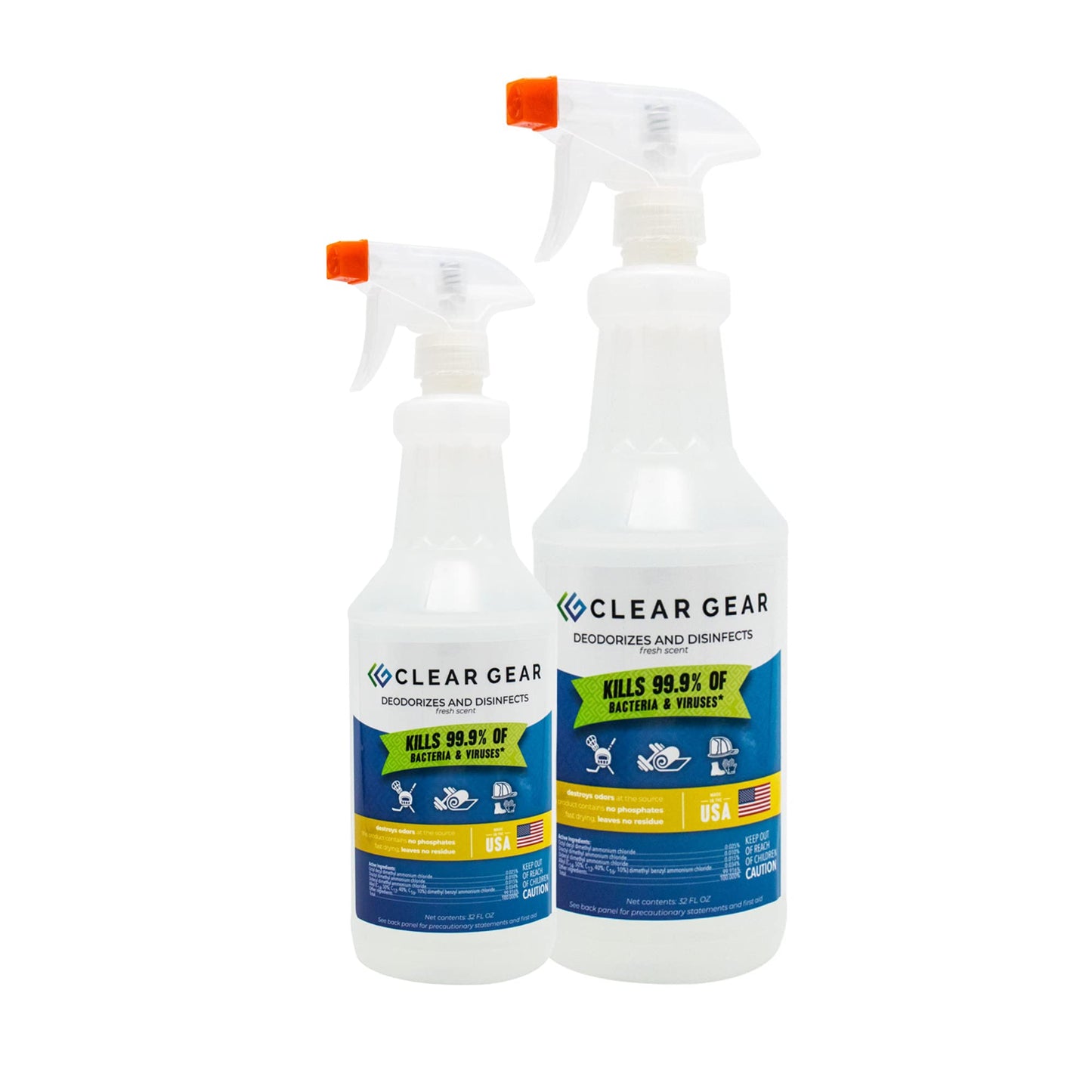Clear Gear Gym Disinfectant, Yoga Mat Cleaner, Deodorizer For Sports Equipment, Gyms, and Fitness Centers - Mixed Pack - 16 Oz and 32 Oz Bottle