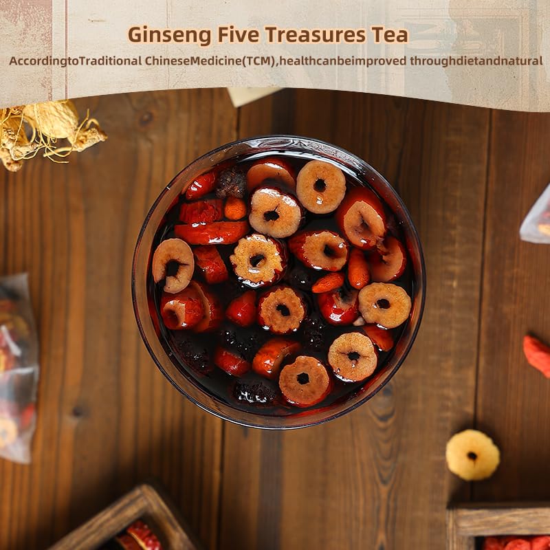Luanka Ginseng Five Treasures Tea - Ginseng Red Date Dried Goji Berries Natural Chinese Herbal Tea Bags,Natural Organic nourish the kidney Tea for Men