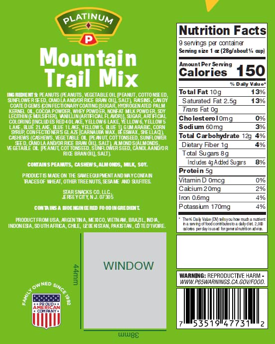 Platinum Mountain Trail Mix - Sweet & Crunchy Snack with Almonds, Cashews, Raisins & Chocolate Gems | Resealable 9 oz Bag for Heart-Healthy Energy
