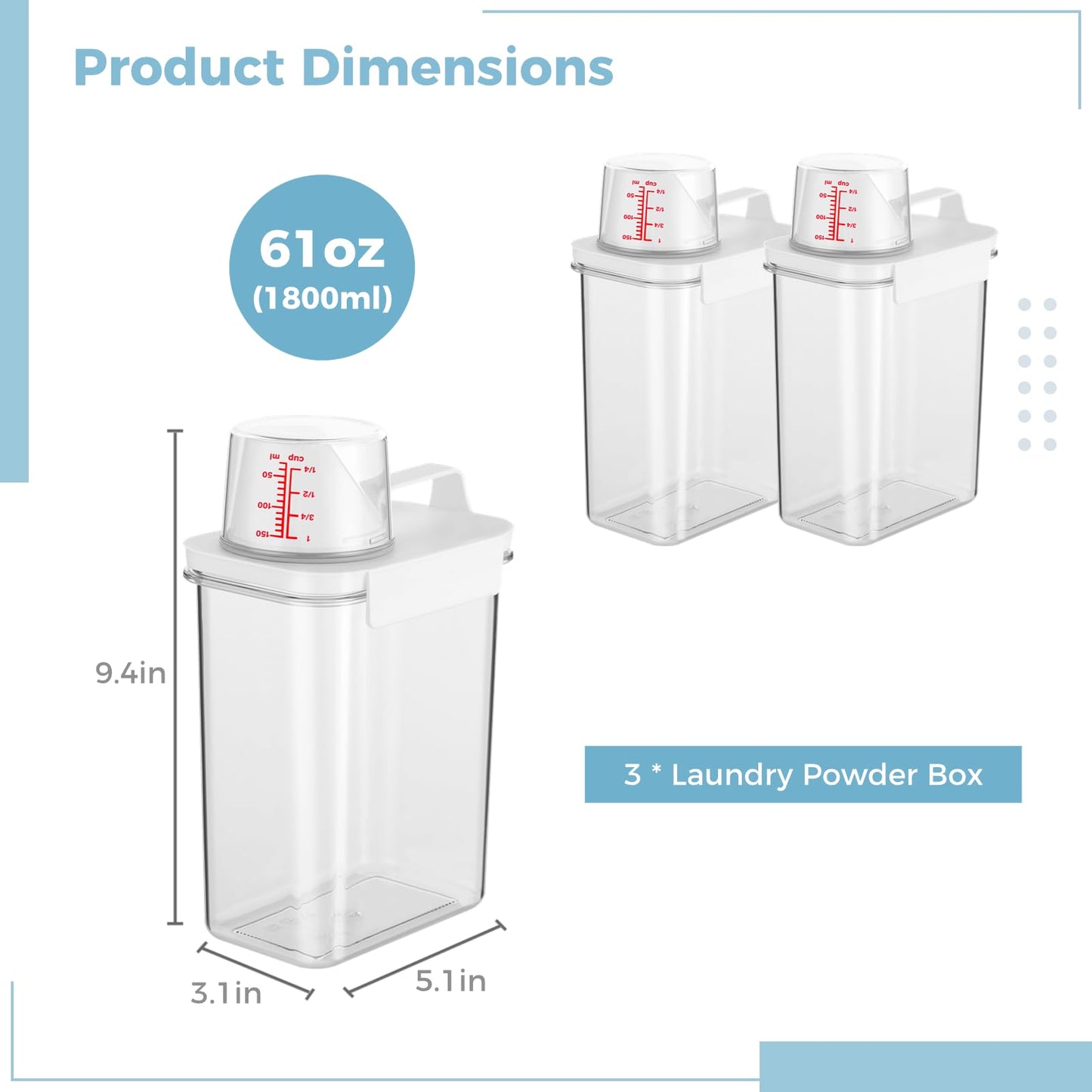 3 PCS Liquid Laundry Detergent Dispensers, 61oz Laundry Bead Dispenser, Clear Airtight Fabric Softener Container, Liquid Detergent Box for Laundry