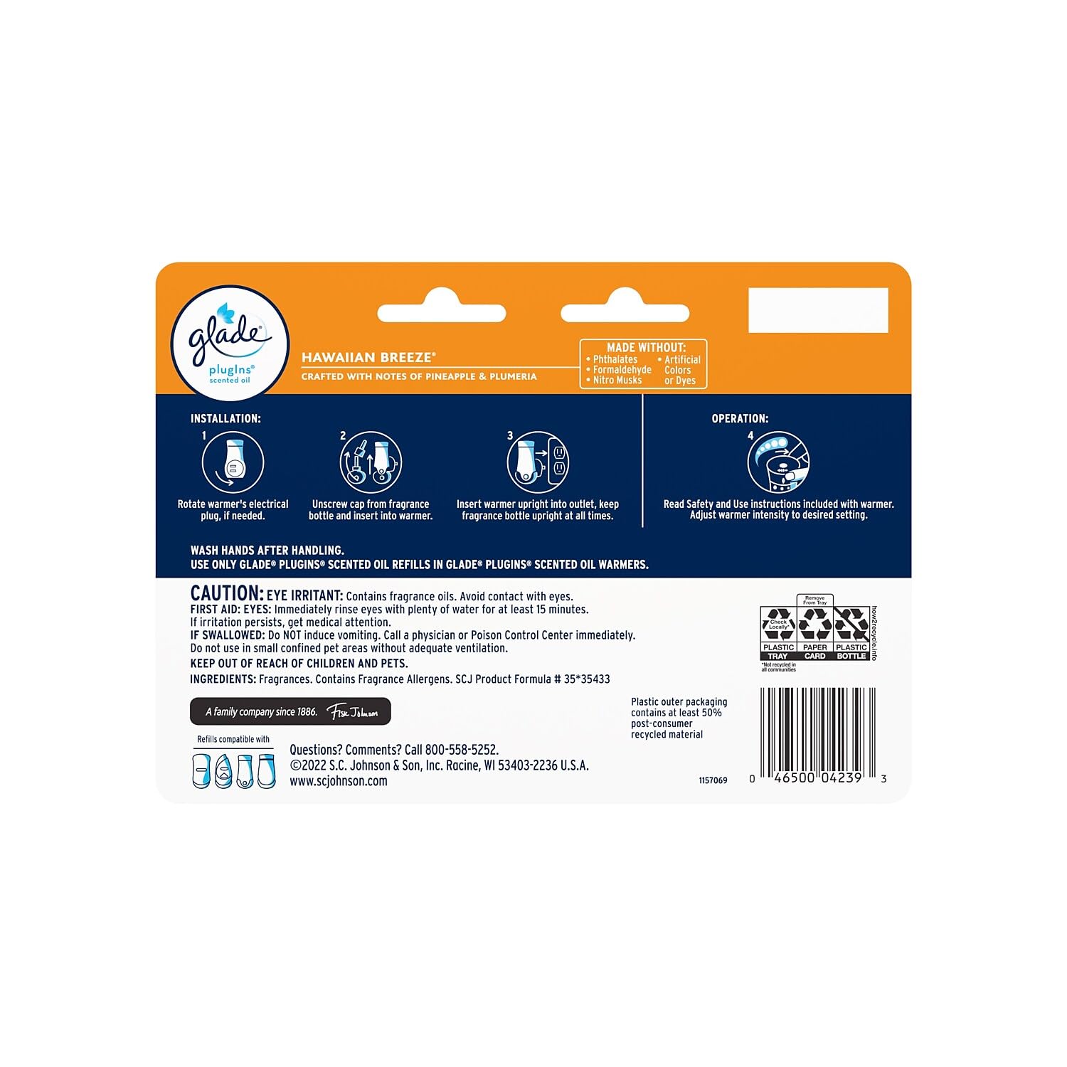 Glade PlugIns Scented Oil Refill, Hawaiian Breeze, 0.67 Fl. Oz., 7/Pack (350767), Orange