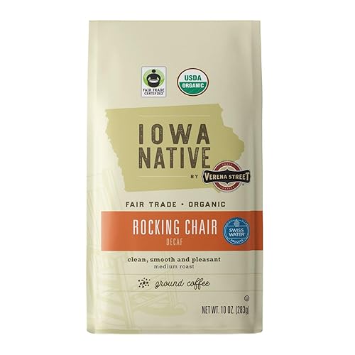 Iowa Native Fair Trade Organic 10 Ounce Ground, Rocking Chair Decaf, Swiss Water Process Decaf Coffee, Medium Roast