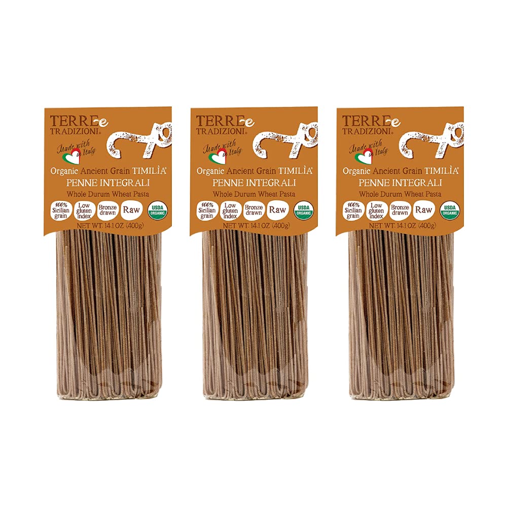 Terre e Tradizioni 3 PACKS ORGANIC ITALIAN WHOLE DURUM WHEAT SPAGHETTI PASTA - Sicilian Ancient Grain Timilia Vegan Pasta. LOW-GLUTEN INDEX, Farm