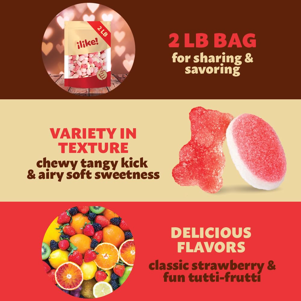 Pink Candy Mix | 2 Pound Bag | Sour Tutti-Frutti Gummi Bears & Strawberry Puffy Gummies | Chewy Candy | Pink Gummies for Baby Showers, Gender Reveal