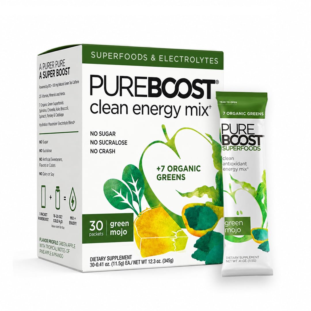 Pureboost Sugar-Free Superfoods Clean Energy Drink Mix, Green Mojo 30ct