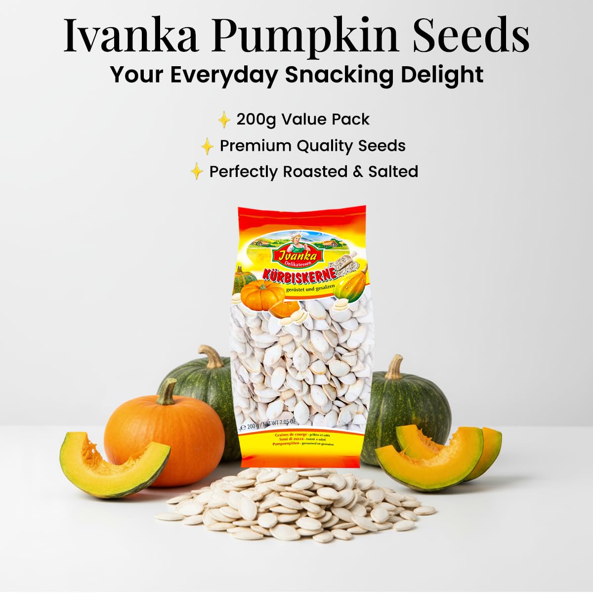 Ivanka Delikatessen Roasted Pumpkin Seeds - Enjoy the Rich, Flavorful Taste of Pumpkin Seeds, Packed with Protein & Fiber - Salted Pumpkins Seed Will