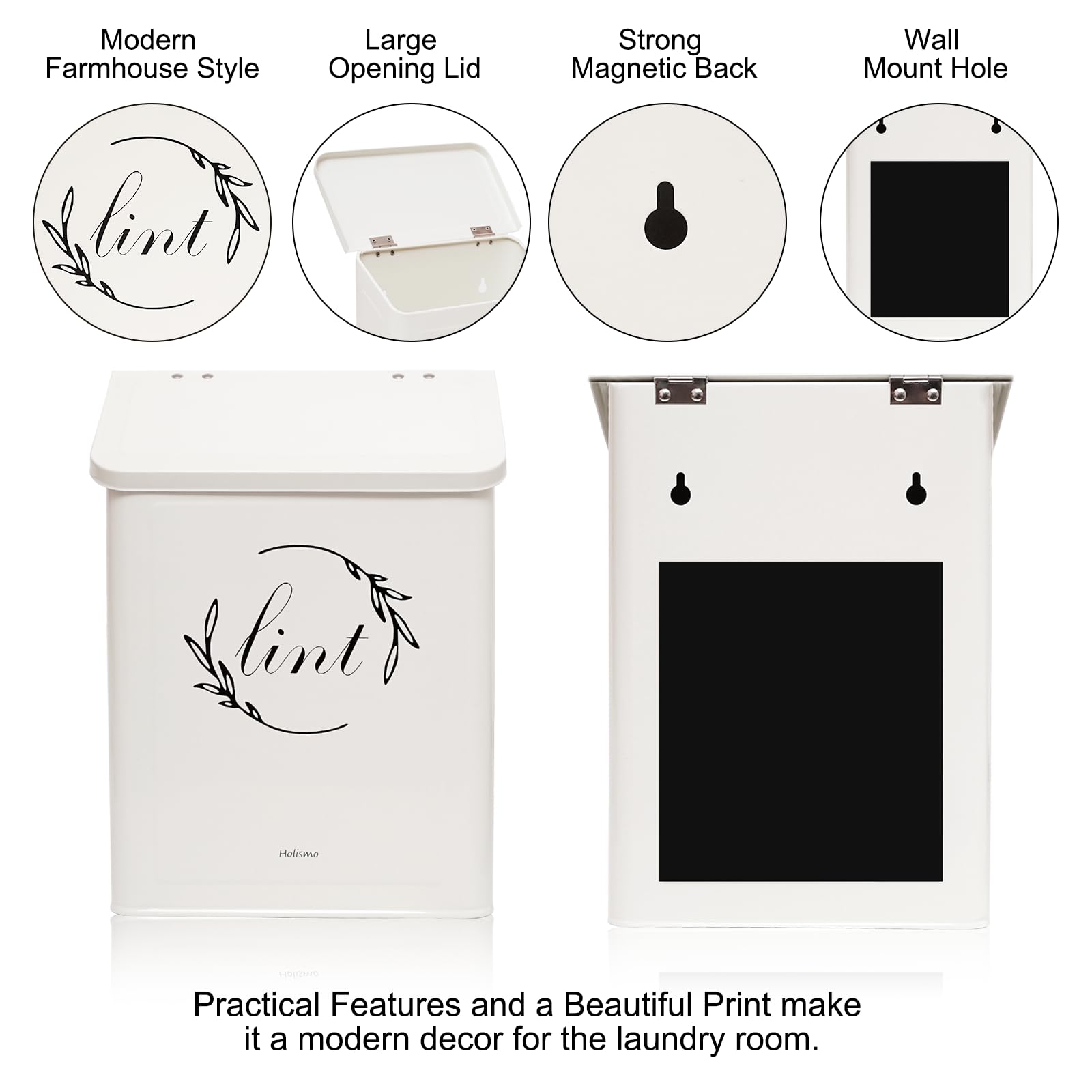 Holismo Magnetic Lint Bin for Laundry Room, Metal Lint Trash Can with Lid for Dryer, Wall Mounted Lint Holder Box with Lint Brush, Modern Farmhouse