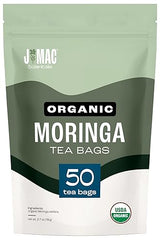 J Mac Botanicals Organic Moringa Tea Bags (50 Count) - Premium Moringa Leaf Herbal Tea, Caffeine-Free, Smooth Taste, Naked Tea Bags (No Strings