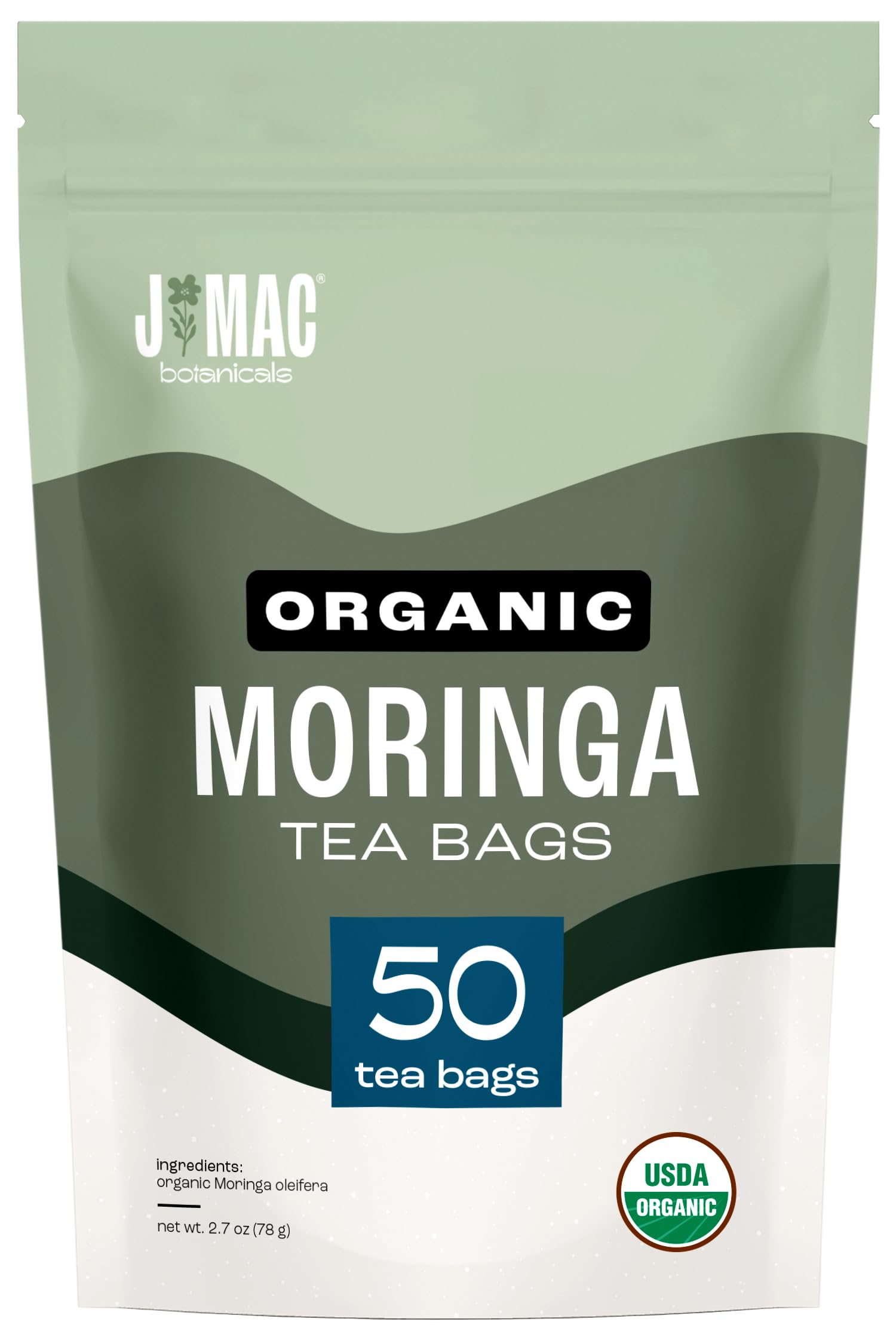 J Mac Botanicals Organic Moringa Tea Bags (50 Count) - Premium Moringa Leaf Herbal Tea, Caffeine-Free, Smooth Taste, Naked Tea Bags (No Strings