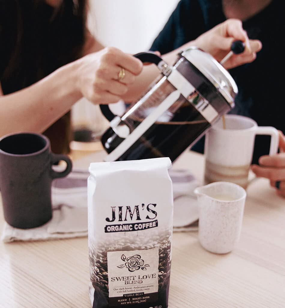 Jim’s Organic Coffee - Sweet Love Blend - Ground - Dark Roast, Bold 11 oz Bag - Certified Organic, Regeneratively Grown, Ethically Traded, Shade Grown