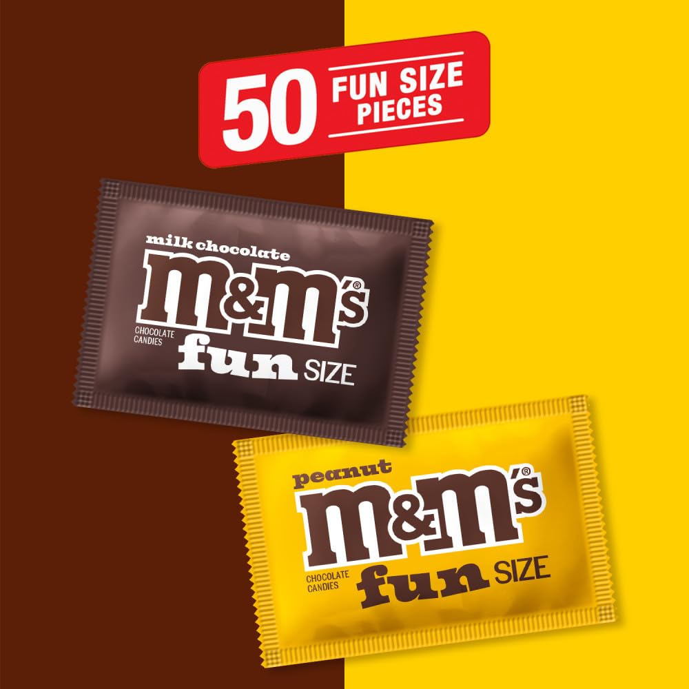 M&M'S Milk Chocolate & M&M'S Peanut Fun Size Candy Individually Wrapped Milk Chocolate Variety Pack Pantry Cube Easy Open and Close Dispenser