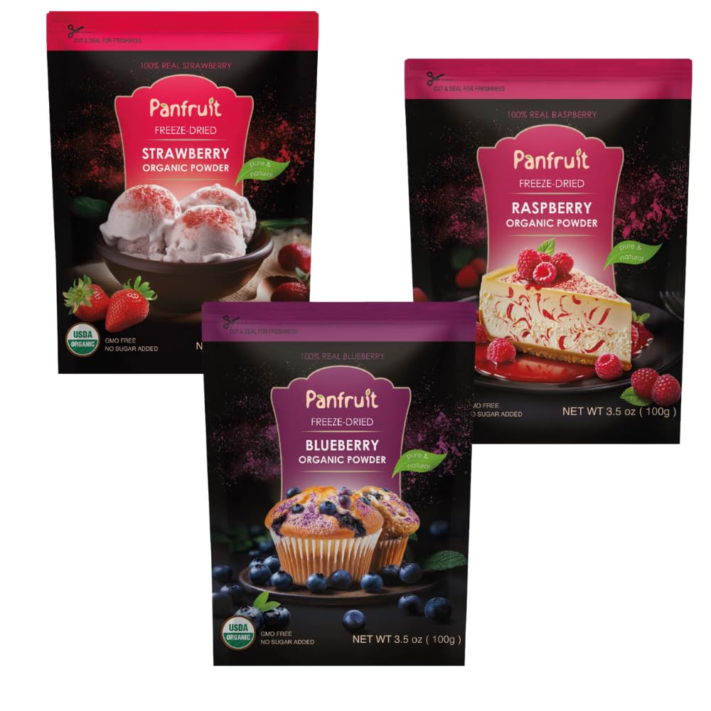 Panfruit Freeze-Dried Organic Fruit Powder Variety Pack - Blueberry, Raspberry & Strawberry - No Sugar Added, Non-GMO - Smoothie & Baking Mix, 3 x 3.5