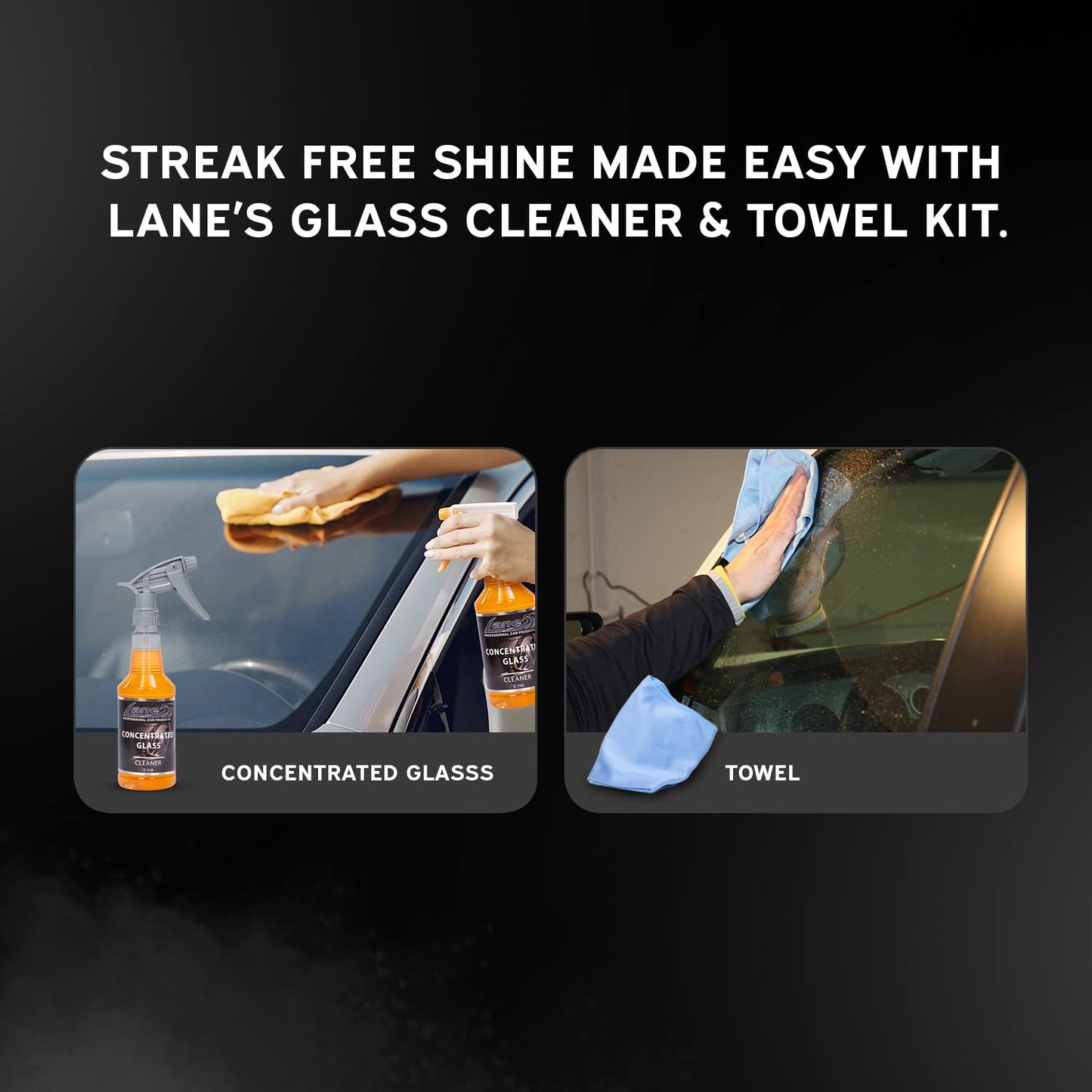 LANE'S Glass Cleaner & Towel Kit - Concentrated Glass Cleaner, Streak Free Formula - Corduroy Window Glass Towel (16 OZ)