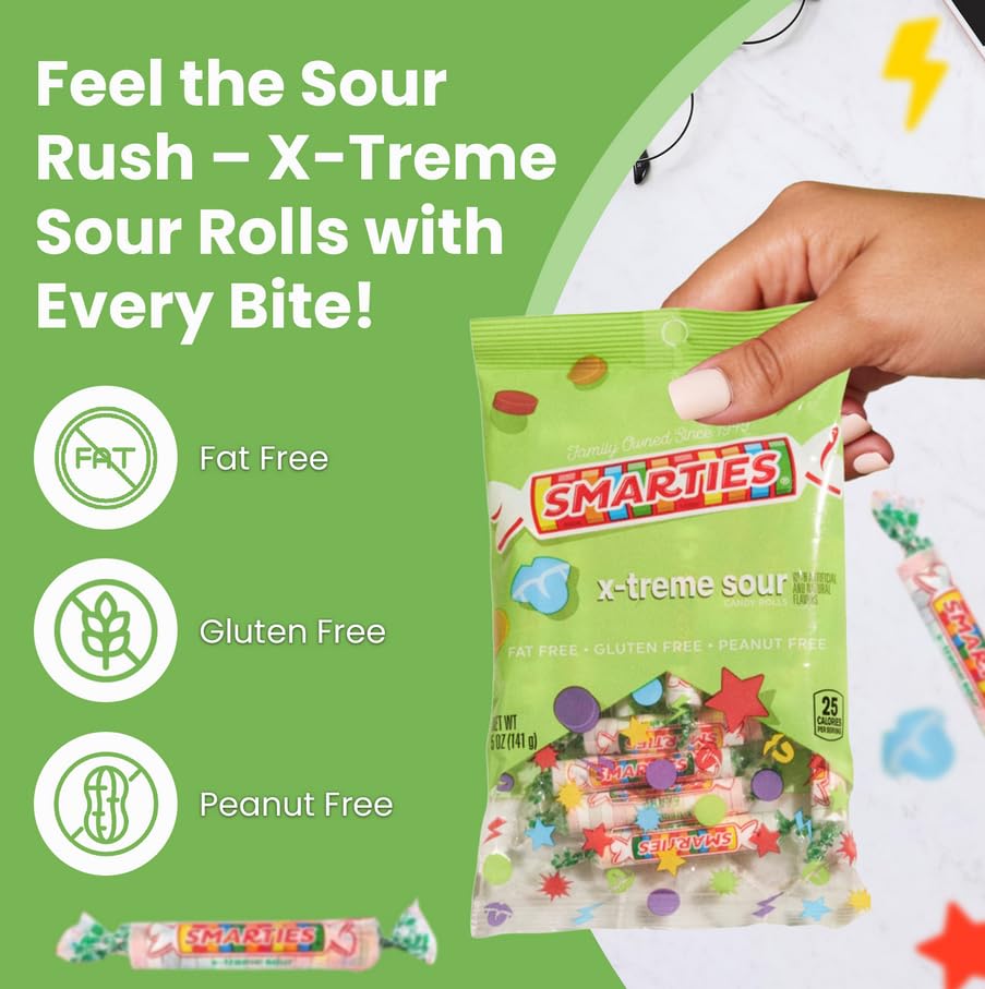 Smarties X-treme Sour Candies - Gluten Free, Peanut Free, Dairy Free Extra Sour Candy - Perfect for Parties, Candy Mixes, & Halloween - Made by US