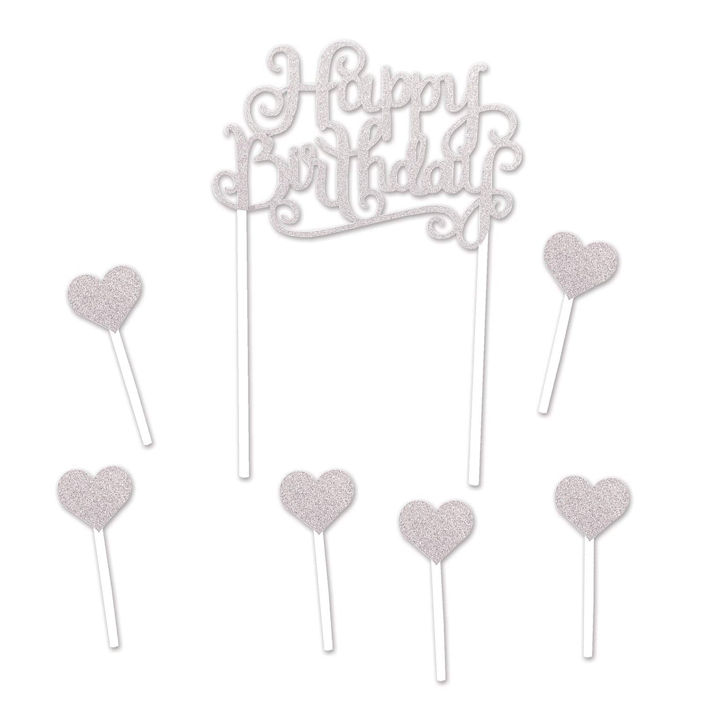 Silver Glitter Happy Birthday Cake Topper - 1 Pc