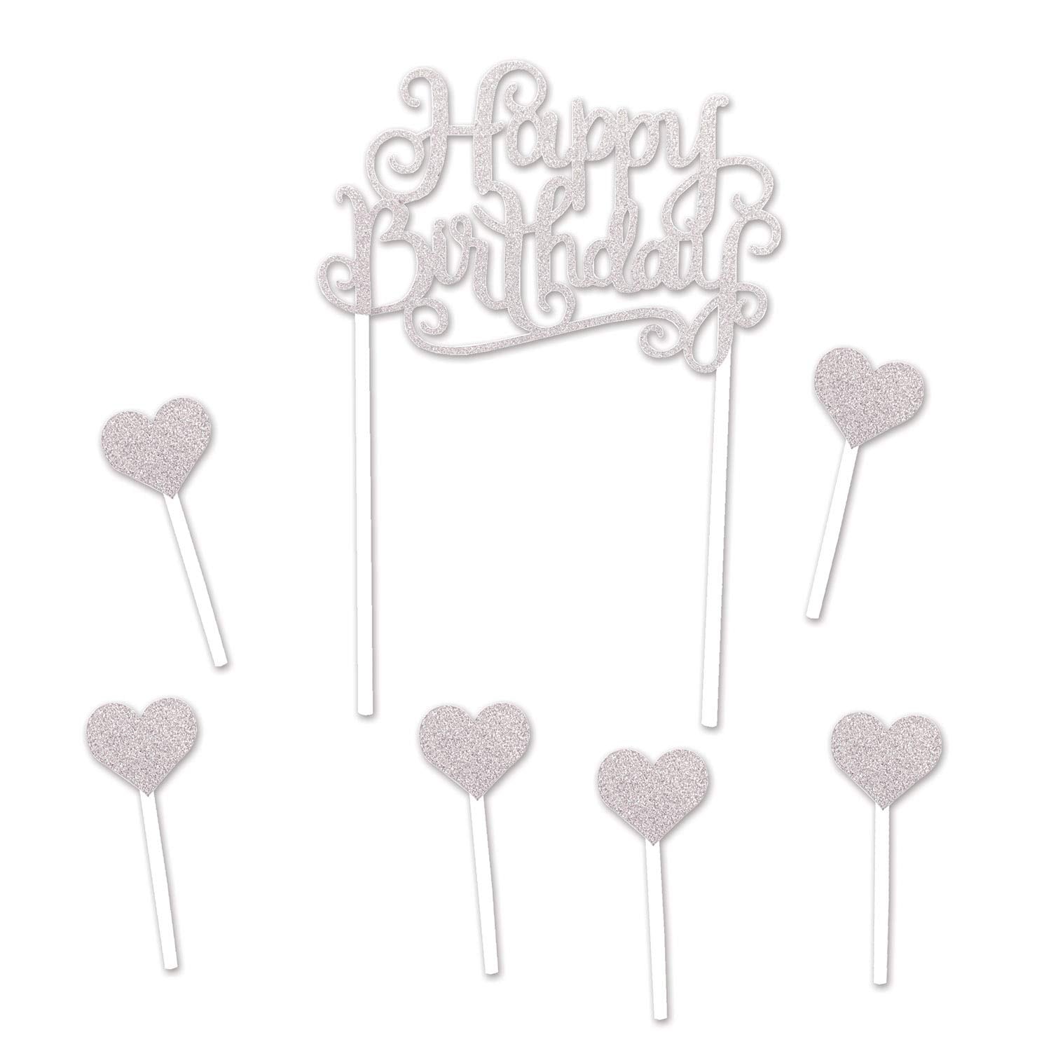 Silver Glitter Happy Birthday Cake Topper - 1 Pc