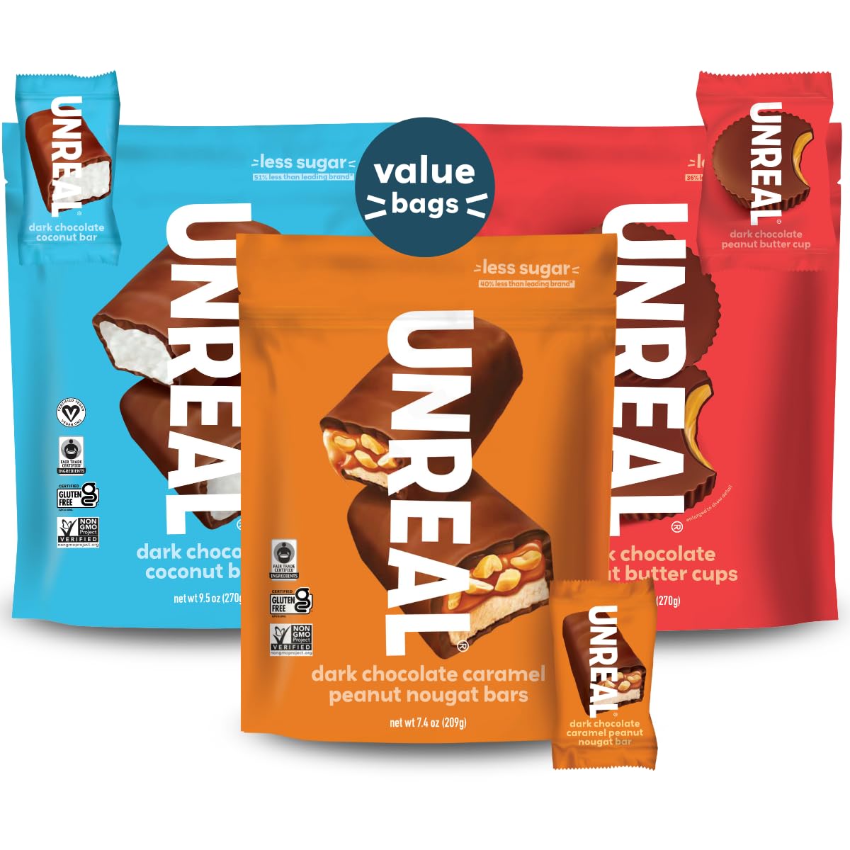 UNREALVariety Pack (3 Bag Sampler) | Less Sugar, Fair Trade, Non-GMO Ingredients with no Corn Syrup or Sugar Alcohols, No Soy