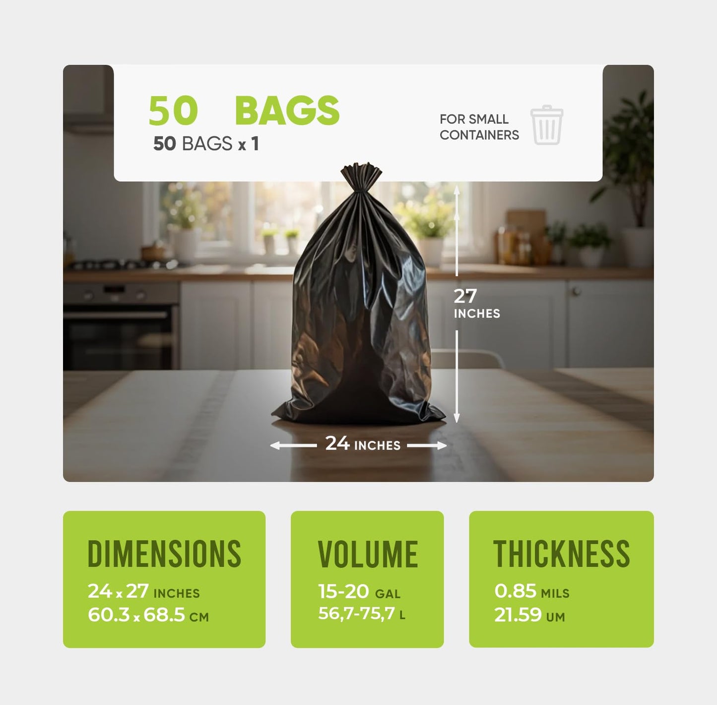 Melplas True Tie Flap (S-Cut) Trash Bags, 24×27 Inches, 0.85 Mil Thick, 50 Count - Flat Seal Bottom, 17 Gallon Capacity