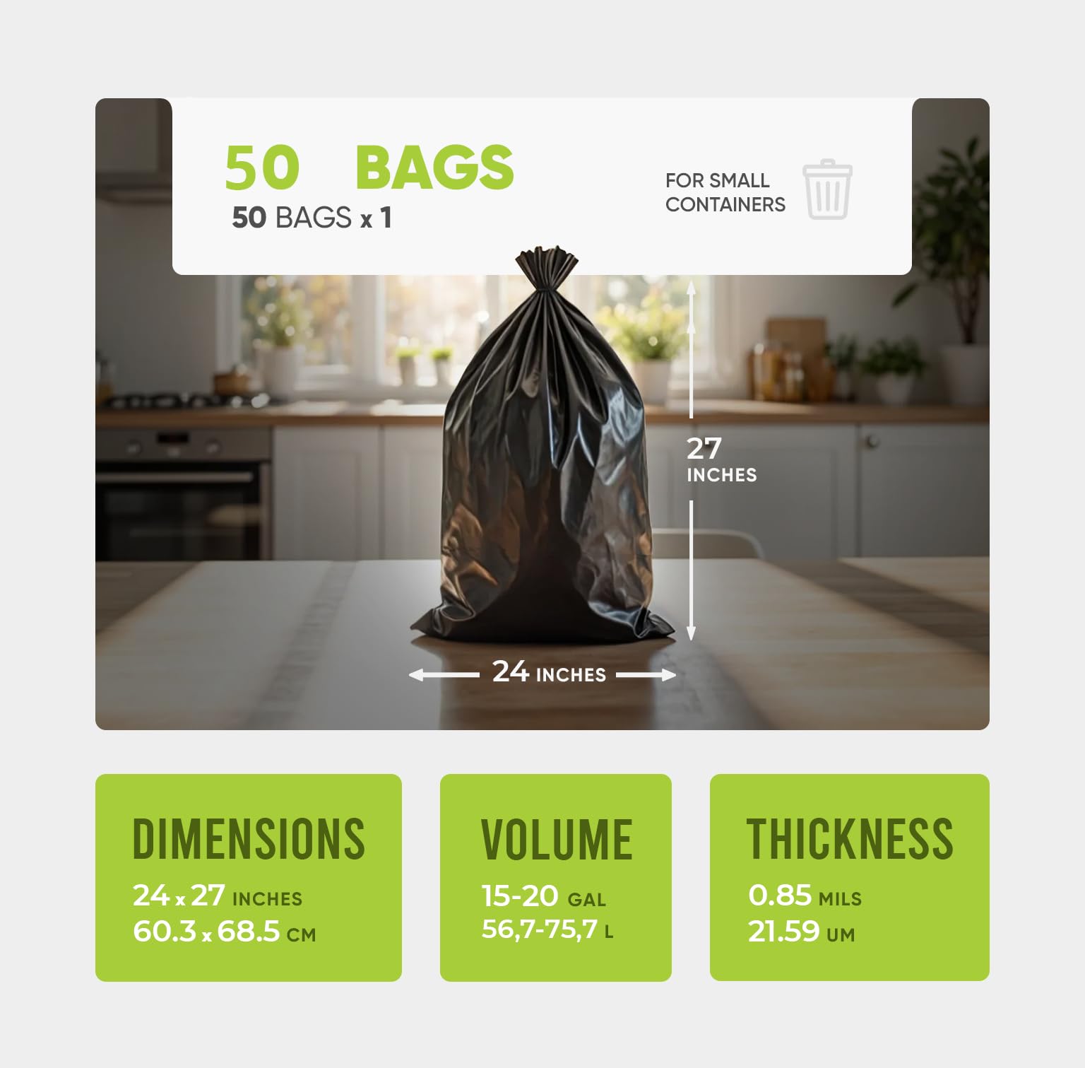 Melplas True Tie Flap (S-Cut) Trash Bags, 24×27 Inches, 0.85 Mil Thick, 50 Count - Flat Seal Bottom, 17 Gallon Capacity