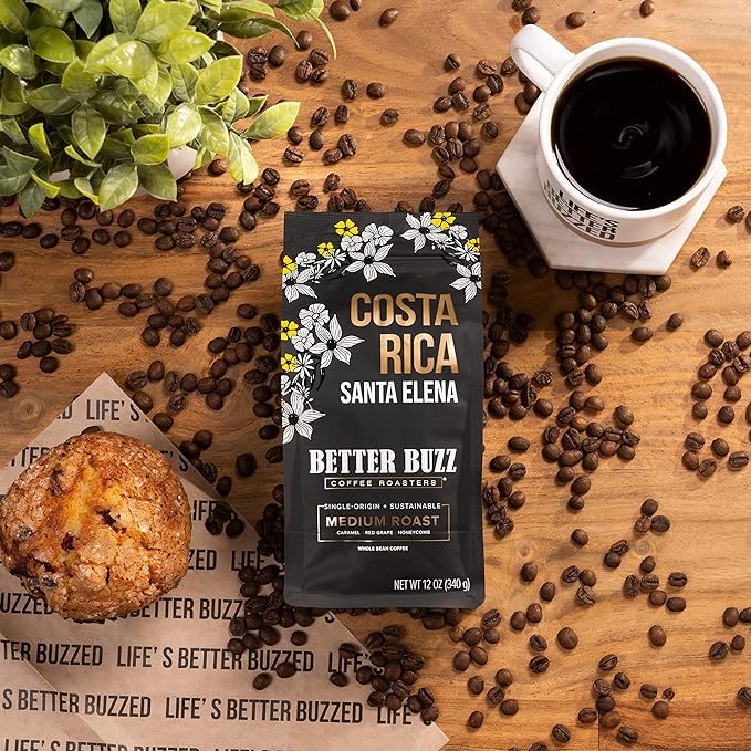 Better Buzz Costa Rica Whole Bean Coffee Medium Roast, 12 Ounce (Pack of 1), Small Batch Roasted Arabica Coffee Beans, Caramel and Honeycomb Notes