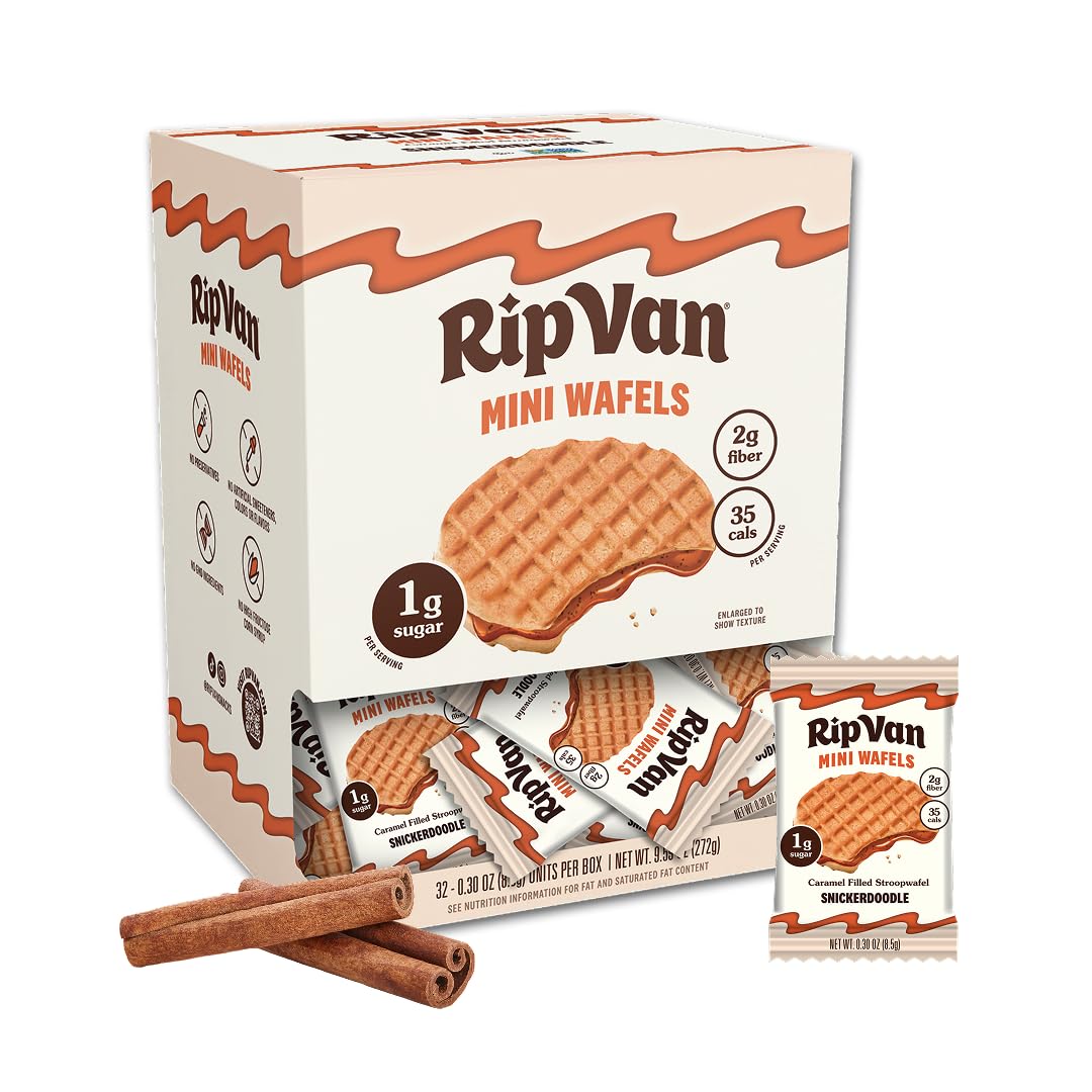 Rip Van Wafels Snickerdoodle Mini Stroopwafels - Low Carb, Low Sugar, Keto Friendly Snacks - Non-GMO, Healthy Office Snack & Breakfast Treat - 32 Pack