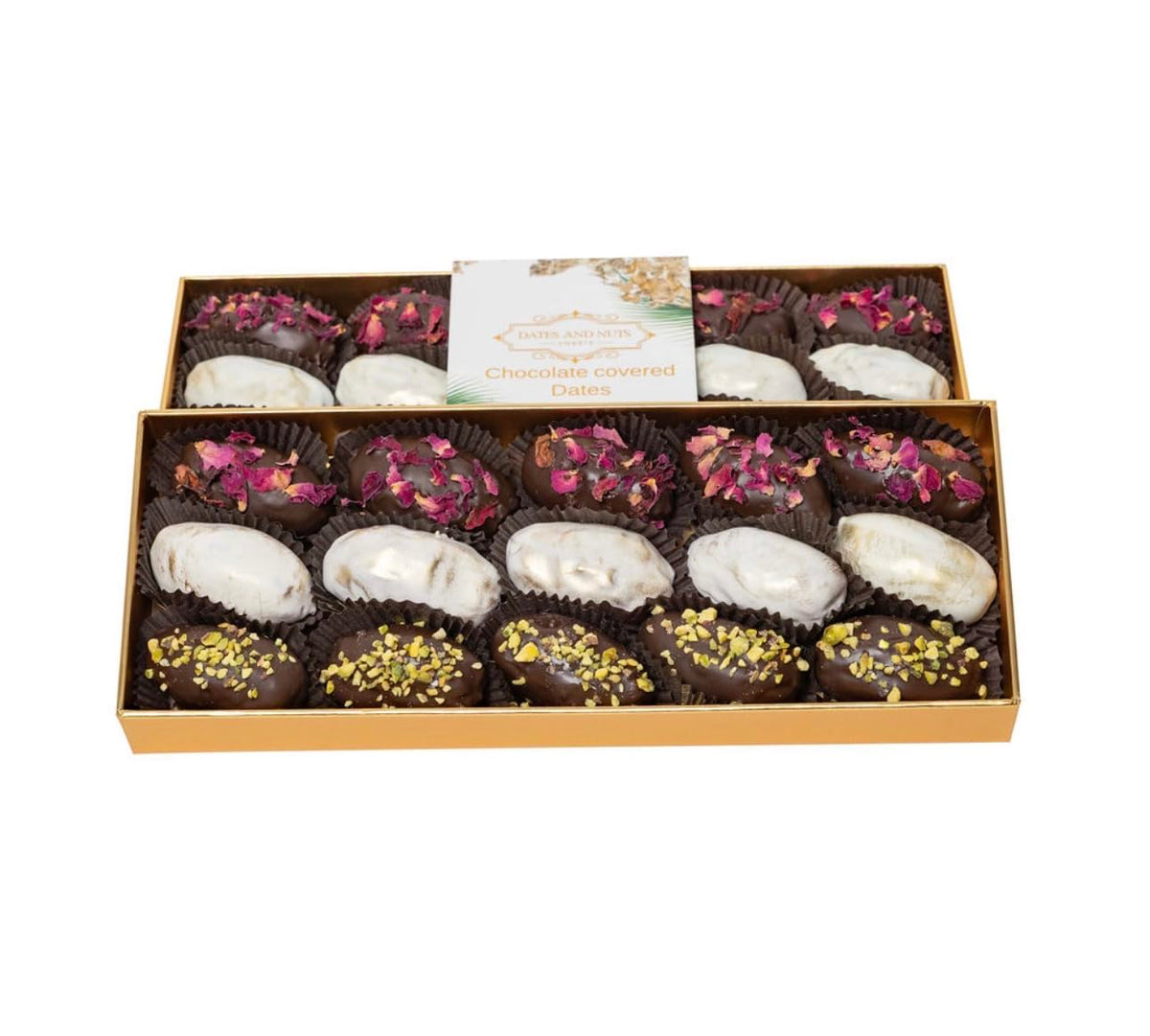 Chocolate Covered Dates Stuffed with Walnuts - 15 Piece Gourmet Gift Box - Dark & White Chocolate Assortment with Pistachios & Rose Petals - Luxury