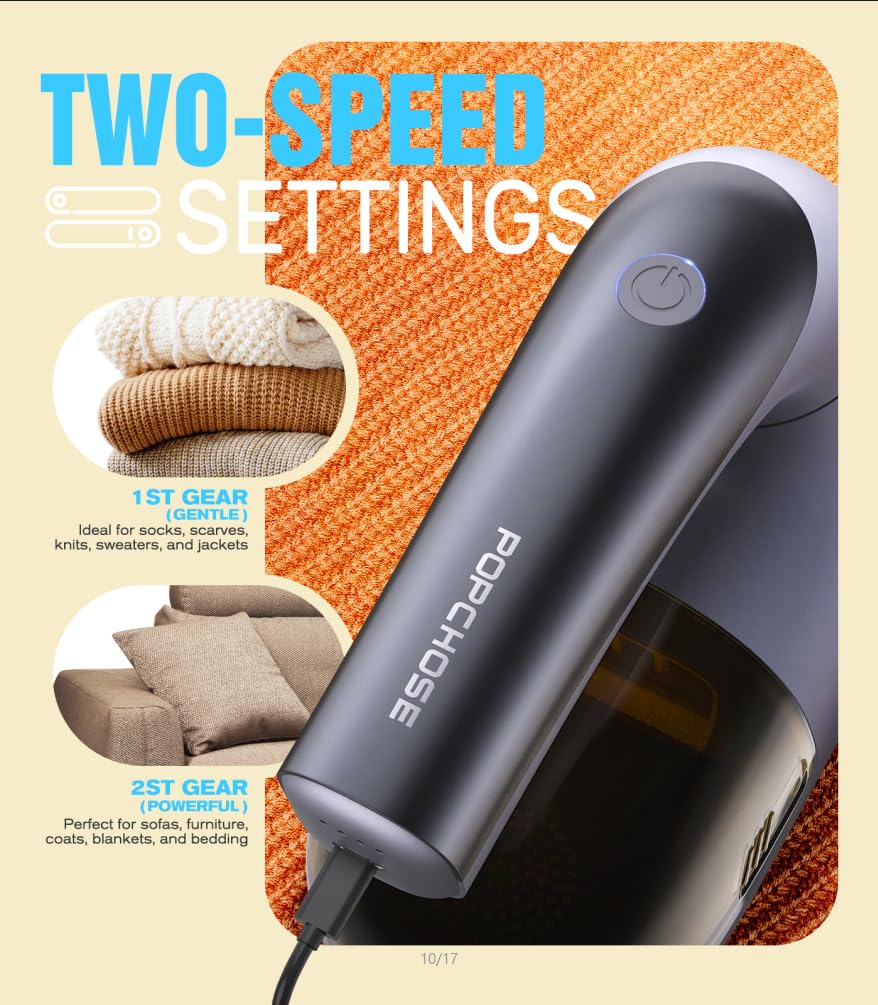 POPCHOSE Fabric Shaver, Lint Remover for Clothes, Lint Shaver with 6-Leaf Blades & 2 Speed, 2000mAh Rechargeable, Sweater Shavers to Remove Pilling